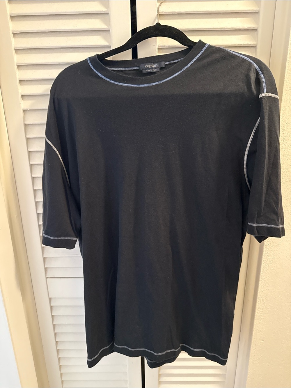 Zegna Sport Men’s Black Contrast-Stitch T-Shirt - Made in Italy